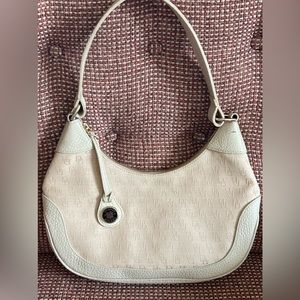 Like New Dooney & Bourke logo fabric & leather shoulder handbag bone color